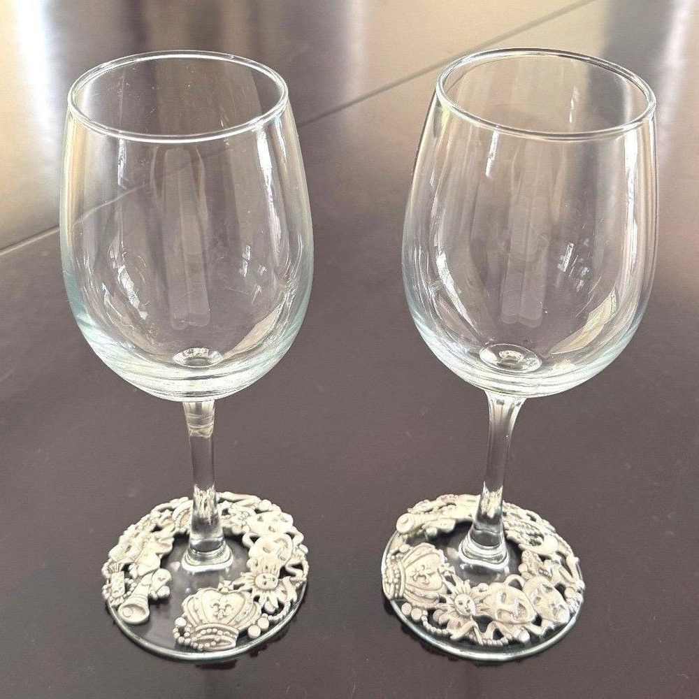 1990 Lindsay Claire Pewter Base Gothic Wine Glasses Set of 2